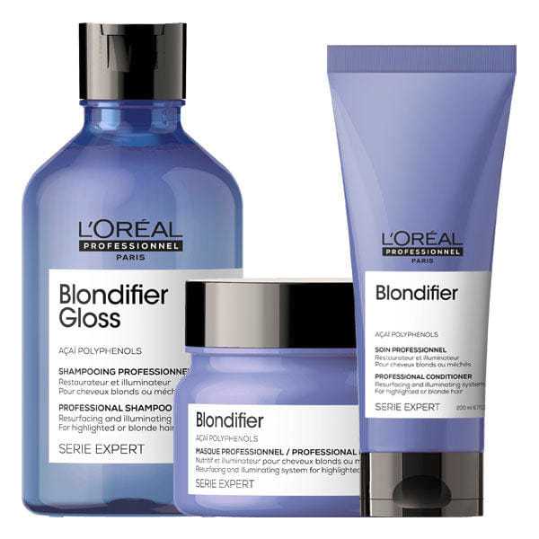 L'Oreal Professionnel Blondifier Gloss shampoo, hair mask, and conditioner for blonde hair care.